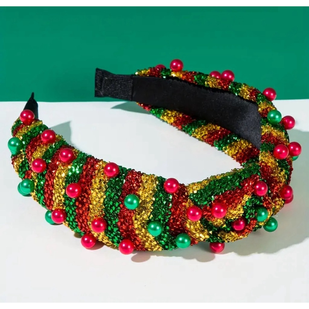Christmas Shimmer Red, Green and Gold Top Knot Headband with Faux Pearls - Picture 1 of 3